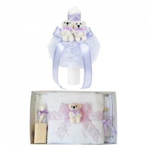 Trusou botez cu ursulet si lumanare glob, dantela si ursuleti, decor lila, Denikos® 603