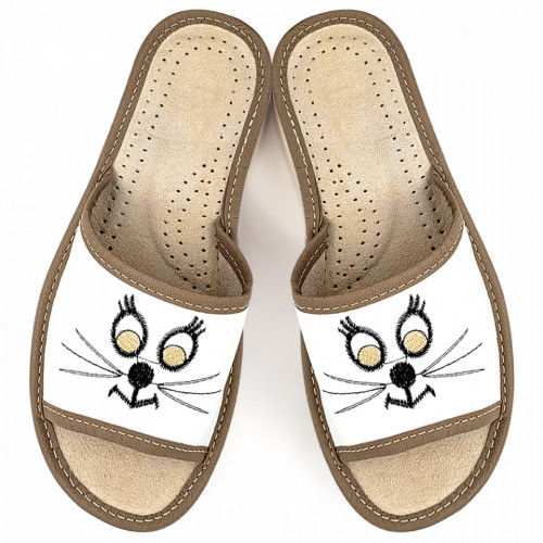 Papuci de Casa din Piele Culoare Alb Model 'Happy Kitties'