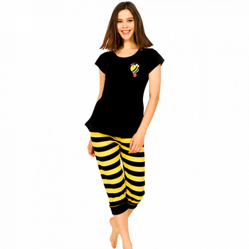 Pijamale Dama Vienetta din Bumbac cu Pantalon 3/4 Model 'Bee Happy' Black