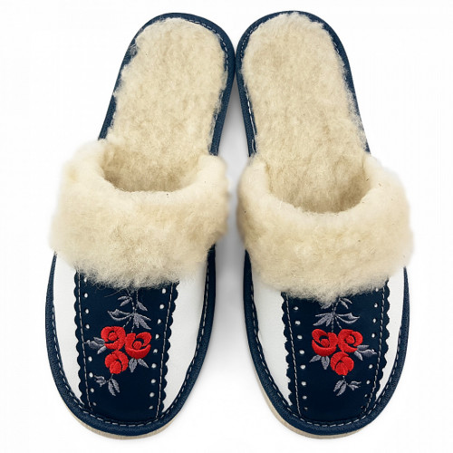 Papuci de Casa Dama Imblaniti cu Lana de Oaie Model 'Root Traditions' Blue