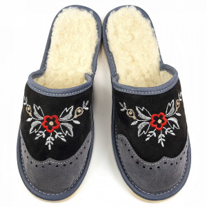 Papuci de Casa din Piele Intoarsa Imblaniti cu Lana Model 'London Brogue Inspire' Dark