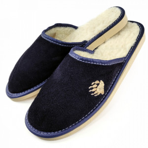 Papuci de Casa din Piele Intoarsa Imblaniti cu Lana Naturala Model 'Touching Bear' Dark Blue