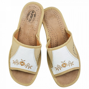 Papuci de Casa Dama Material Piele Culoare Crem/Alb Model 'Karimya Beauty'