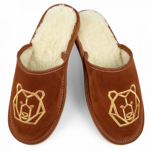 Papuci de Casa Imblaniti cu Lana de Oaie Culoare Maro Model 'Ursul Brun'