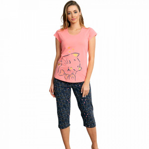 Pijama Dama din Bumbac 100% Vienetta Model 'Meow...Meow Cute' Pink