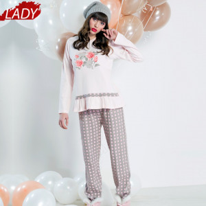 Pijamale Dama Maneca Lunga, Model La Vie en Rose, Brand Italian Fashion Design, Material Bumbac 100% Interlock, Culoare Roz/Gri, Pijamale Dama Calitate 100%