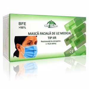 Masca Faciala Medicala Tip 2R cu 3 Straturi si Rezistenta la Stropire Globaltreat Cutie 50 Bucati