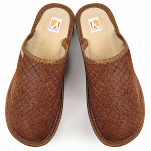 Papuci de Casa din Piele cu Talpa Groasa Bosaco Model 'Velvet Snake' Brown