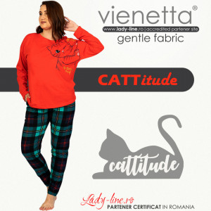 Pijamale Confortabile Dama Marimi Mari Vienetta Model 'Cattitude' Red