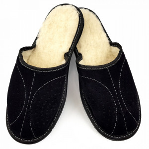 Papuci de Casa din Piele Intoarsa Imblaniti cu Lana Model 'Back to Black' Soft