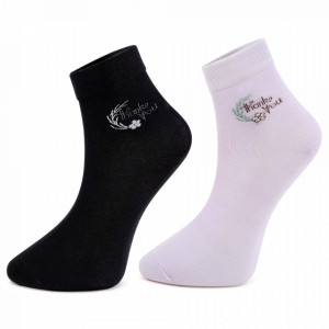 Sosete Clasice Dama din Bumbac Pieptanat 2 Perechi Model 'Thank You' Black/Lilac
