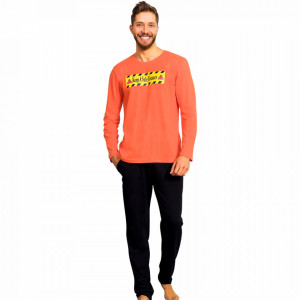 Pijamale Barbati Bumbac 100% Gazzaz by Vienetta 'Keep a Safe Distance' Orange