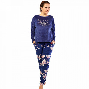Pijamale Calduroase Dama Marimi Mari din Soft Velur Vienetta Model 'Sakura' Blue