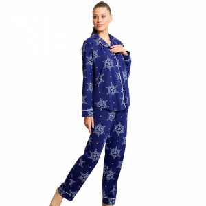 Pijamale Dama cu Nasturi din Bumbac Vienetta Model 'Snowflakes' Blue