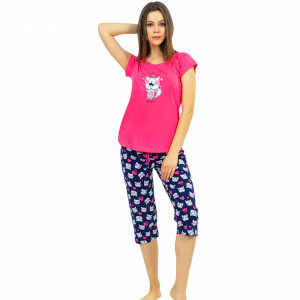 Pijamale Dama Vienetta din Bumbac cu Pantalon 3/4 Model 'Be Happy' Pink