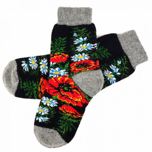 Sosete Calduroase 100% Lana Naturala de Oaie Model 'Maramures Plai cu Flori'