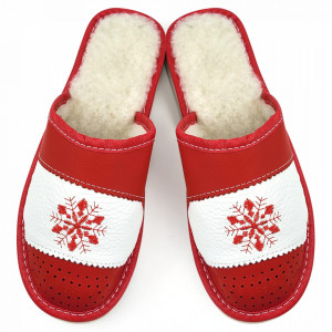 Papuci de Casa din Piele Imblaniti cu Lana Model 'Snow in December' Red