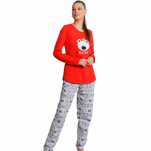 Pijama Dama din Bumbac Vatuita la Interior Vienetta Model 'Hello Bear' Red