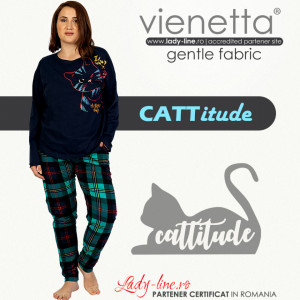 Pijamale Confortabile Dama Marimi Mari Vienetta Model 'Cattitude' Blue