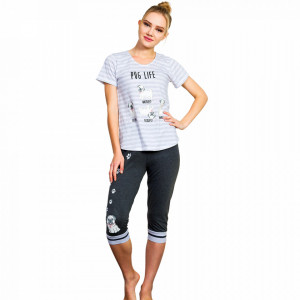 Pijamale Dama Vienetta 'Pug Life', Culoare Gri