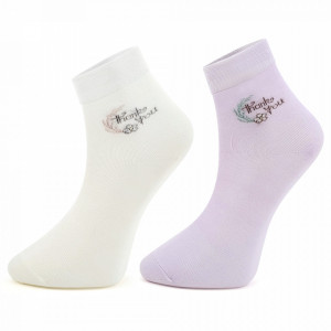 Sosete Clasice Dama din Bumbac Pieptanat 2 Perechi Model 'Thank You' White/Lilac