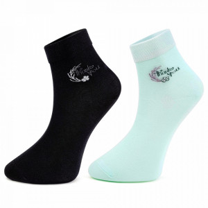 Sosete Clasice Dama din Bumbac Pieptanat 2 Perechi Model 'Thank You' Black/Turquoise