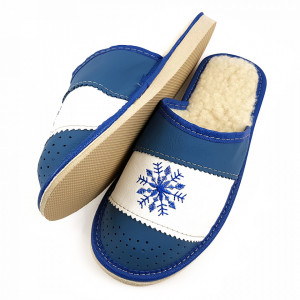 Papuci de Casa din Piele Imblaniti cu Lana Model 'Snow in December' Blue ❄️