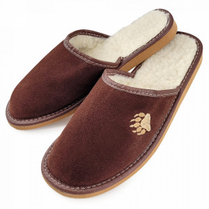 Papuci de Casa din Piele Intoarsa Imblaniti cu Lana Naturala Model 'Touching Bear' Brown