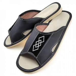 Papuci de Casa Vara din Piele Culoare Negru Model 'Black Diamonds'