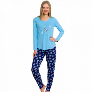 Pijamale Dama din Bumbac Vienetta Model 'Turtley Awesome' Blue