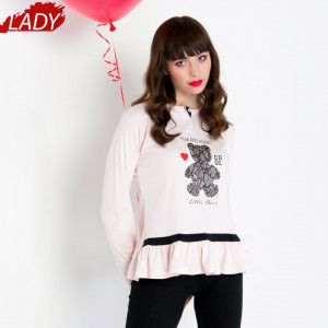 Pijamale Dama Maneca Lunga, Model Cool Little Bear, Brand Italian Fashion Design, Material Bumbac 100% Interlock, Culoare Roz/Negru, Pijamale Dama Calitate 100%