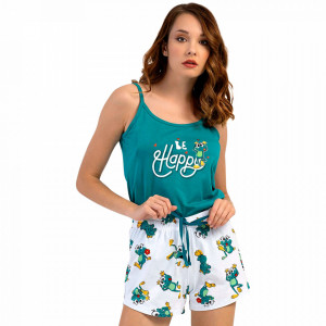 Pijamale de Vara Dama cu Maieu Vienetta 'Be Happy' Culoare Verde/Alb