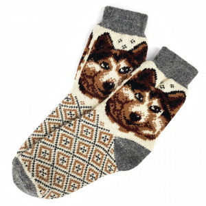 Sosete Calduroase din Lana de Oaie Naturala, Model 'Winter Dogs' Brown