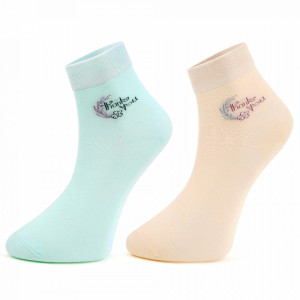 Sosete Clasice Dama din Bumbac Pieptanat 2 Perechi Model 'Thank You' Vernil/Pink