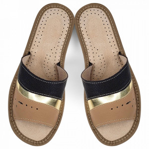 Papuci de Casa din Piele CUloare Maro Model 'Gold Touch'