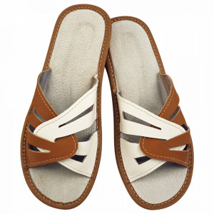 Papuci de Casa Vara din Piele Culoare Crem/Maro Model 'Imperial Feet'