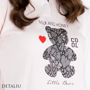 Pijamale Dama Maneca Lunga, Model Cool Little Bear, Brand Italian Fashion Design, Material Bumbac 100% Interlock, Culoare Roz/Negru, Pijamale Dama Calitate 100%