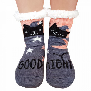 Ciorapi Imblaniti si Caldurosi Lady-Line Model 'Good Night Kitty' Dark Gray