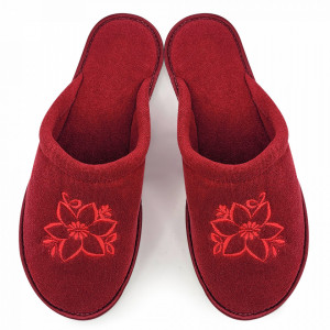 Papuci de Casa Dama din Bumbac Flausat Model 'Campanula Red' Culoare Visiniu