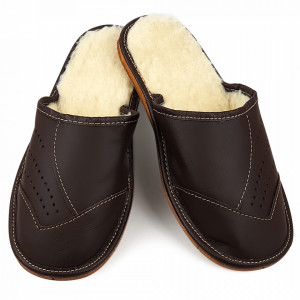 Papuci de Casa din Piele si Lana de Oaie Culoare Maro Model 'Brown Heather'