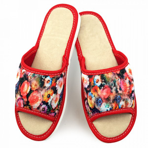 Papuci de Casa Vara Material Textil cu Talpa Groasa Culoare Rosu Model 'Amour Garden'