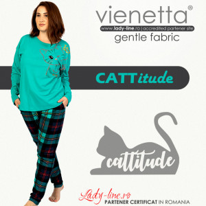Pijamale Confortabile Dama Marimi Mari Vienetta Model 'Cattitude' Green