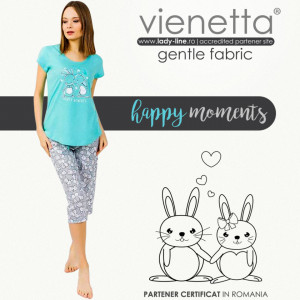Pijamale Dama Vienetta din Bumbac cu Pantalon 3/4 Model 'Happy Moments' Vernil