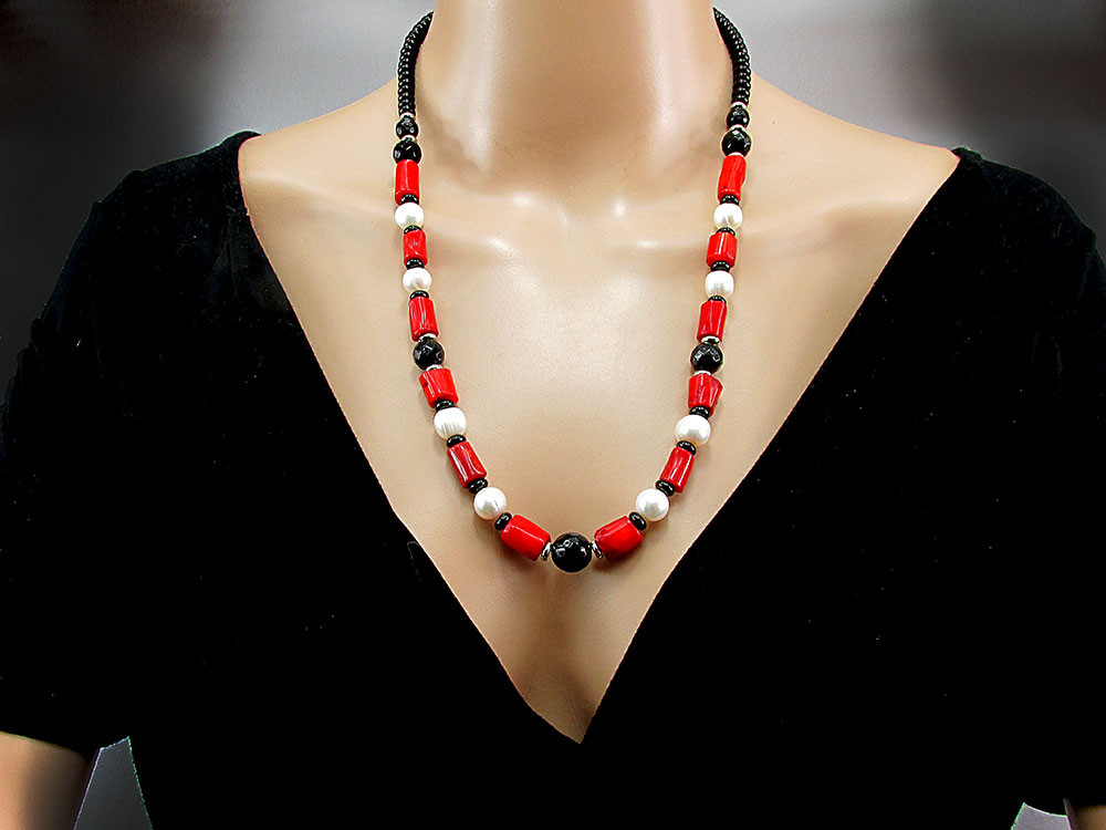 Set Boho Chic onix, perle de cultura si coral natural
