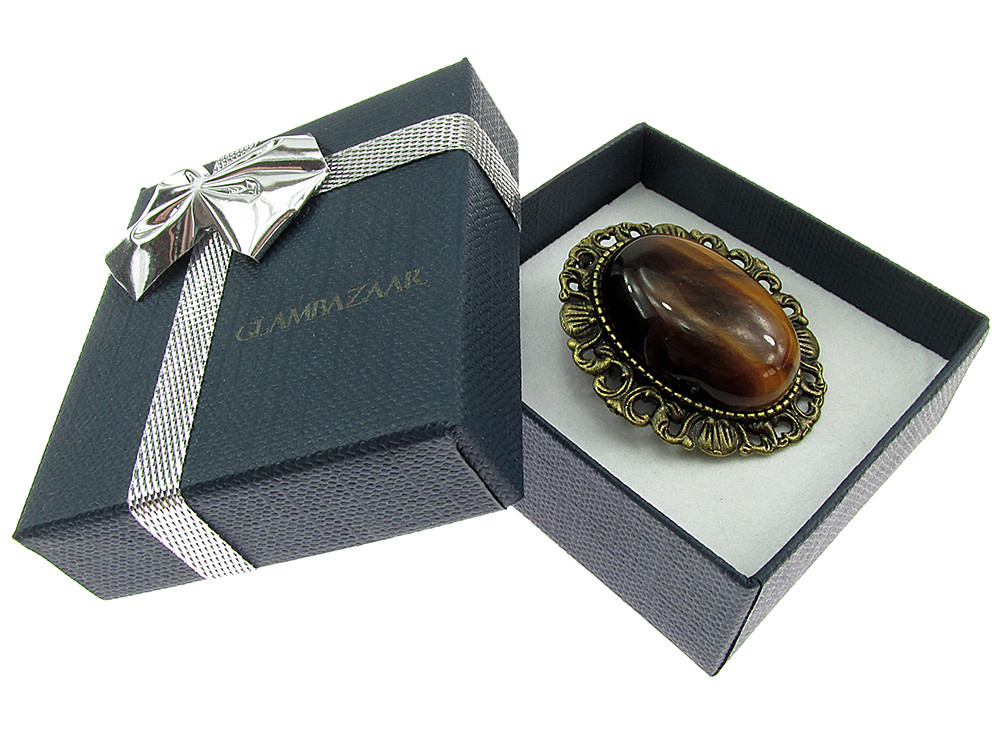 Brosa/pandantiv bronz antic cu ochi de tigru natural