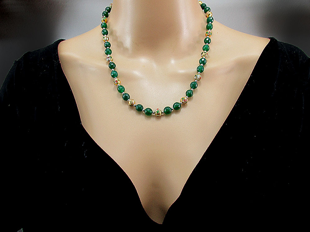 Set Bohemian agate verzi naturale si cloisonne auriu