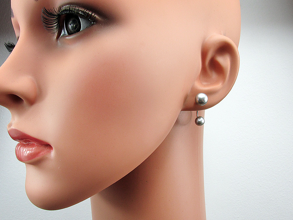 Cercei argint Double Glam cu perle de cultura gri 8 si 6 MM