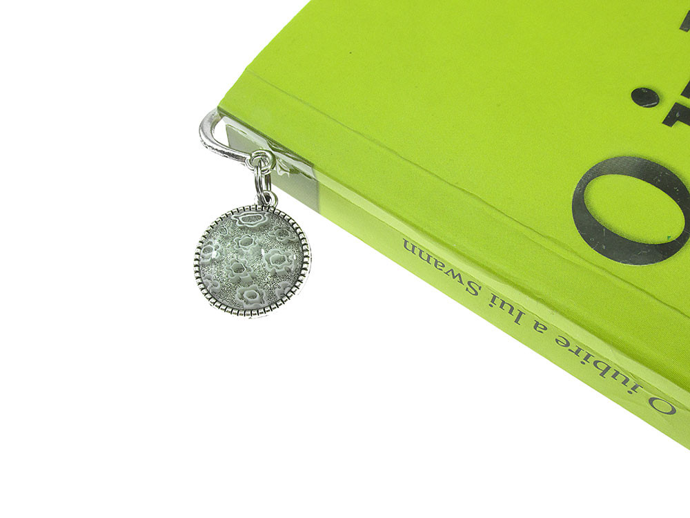 Semn de carte metalic pana cu Millefiori transparent/alb