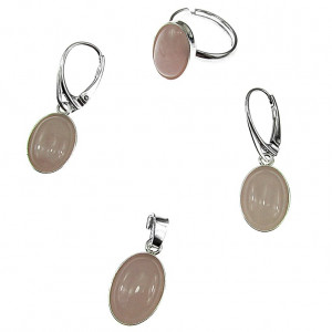Set argint complet cuart roz oval 14x10 MM cu lantisor inclus