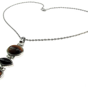 Colier inox cu pandantiv lung de ochi de tigru si onix